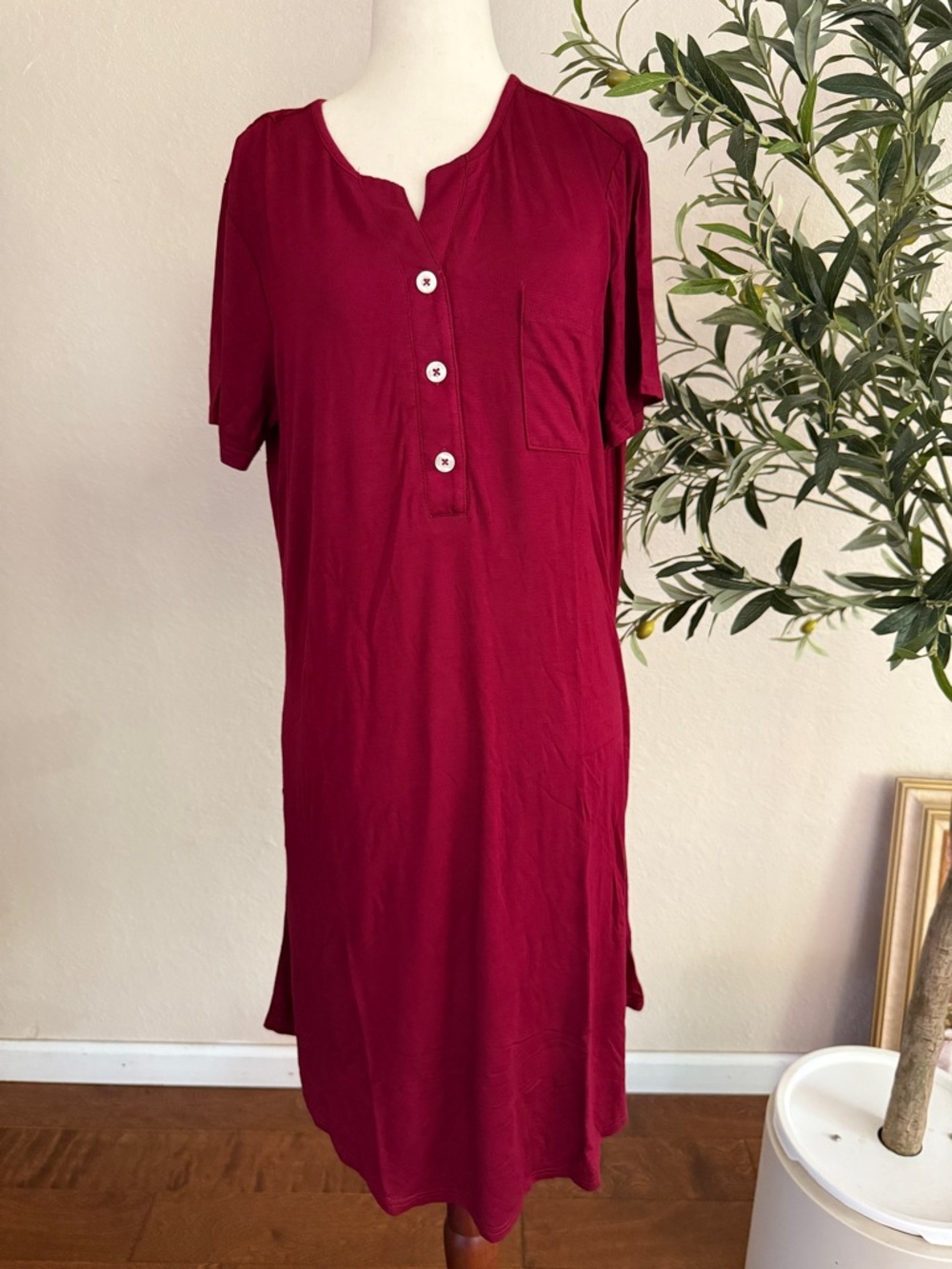 Button Front T-Shirt Dress in Deep Berry